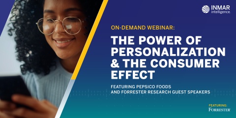 Woman looking at cellphone and text: On-Demand Webinar: The Power of Personalization & The Consumer Effect Featuring PepsiCo Foods and Forrester Research Guest Speakers